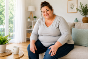 Frau mit Adipositas sitzt auf einem Sofa und hält sich das Knie